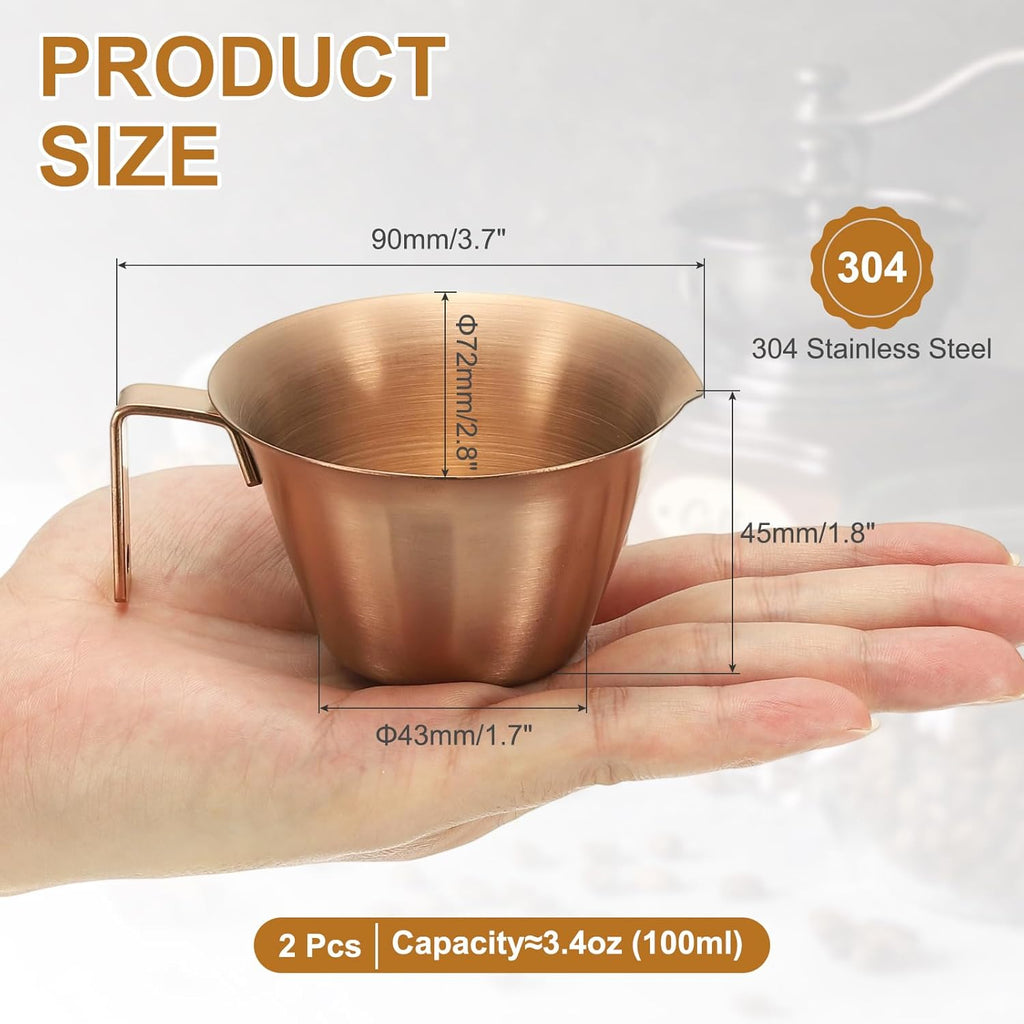 uxcell 2 Pcs Stainless Steel Espresso Cup with Handle, V-Shaped Mouth Espresso Measuring Cup with Scale for Preparing Coffee, Cocktails, 3.4OZ/100ML (Rose Gold)