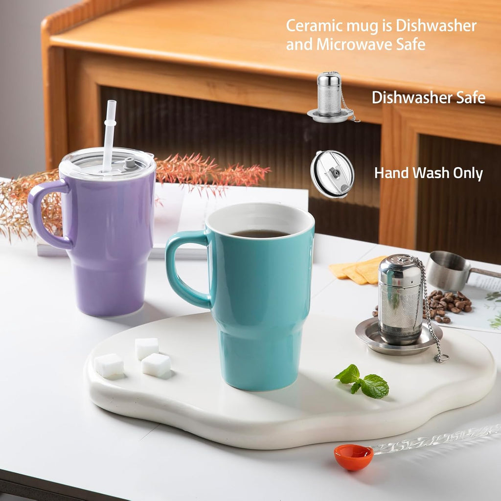 Sweejar Ceramic Travel Mug with Lid, 16 oz Portable Coffee Mug, Dishwasher Safe Tea Cup with Infuser, Reusable Teacup for Car Cup Holder, Tea Lovers(Turquoise)