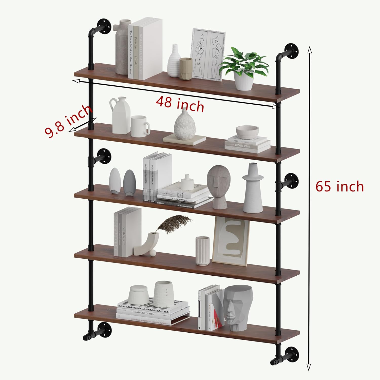 Industrial Pipe Wall Shelves Pipe Shelving with Real Wood Plank ,48 Inches Floating Shelves for Wall Farmhouse Pipe Book Shelves Dark Brown 5 Tier for Kitchen,Living Room Decor and Bar Shelving