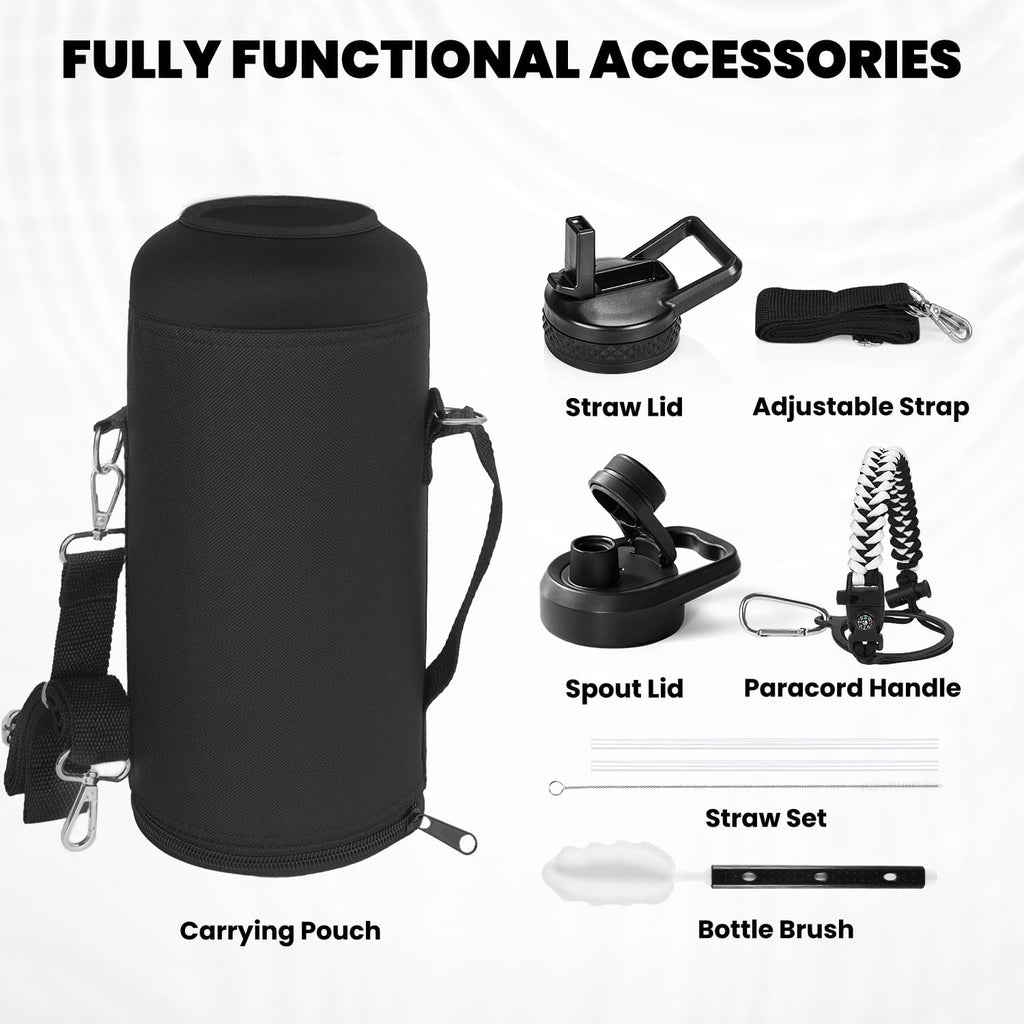 Insulated Water Bottle 87 oz, Triple Wall Vacuum Stainless Steel (Cold for 48 Hrs), Leak Proof & Non-BPA, Modern Water Flask Jug with Paracord Handle & Straw Spout Lids, Ombre: White/Black