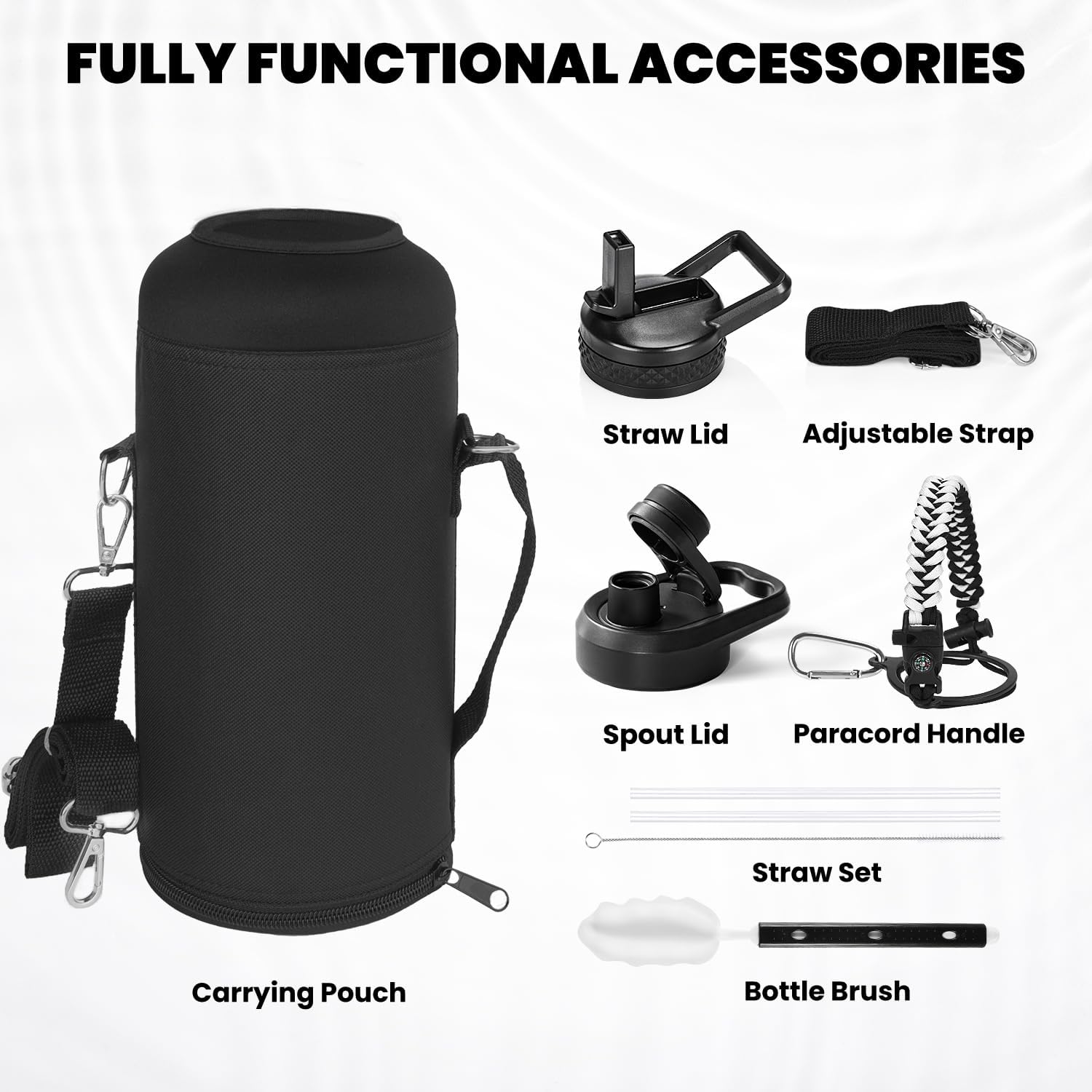 Insulated Water Bottle 87 oz, Triple Wall Vacuum Stainless Steel (Cold for 48 Hrs), Leak Proof & Non-BPA, Modern Water Flask Jug with Paracord Handle & Straw Spout Lids, Ombre: White/Black