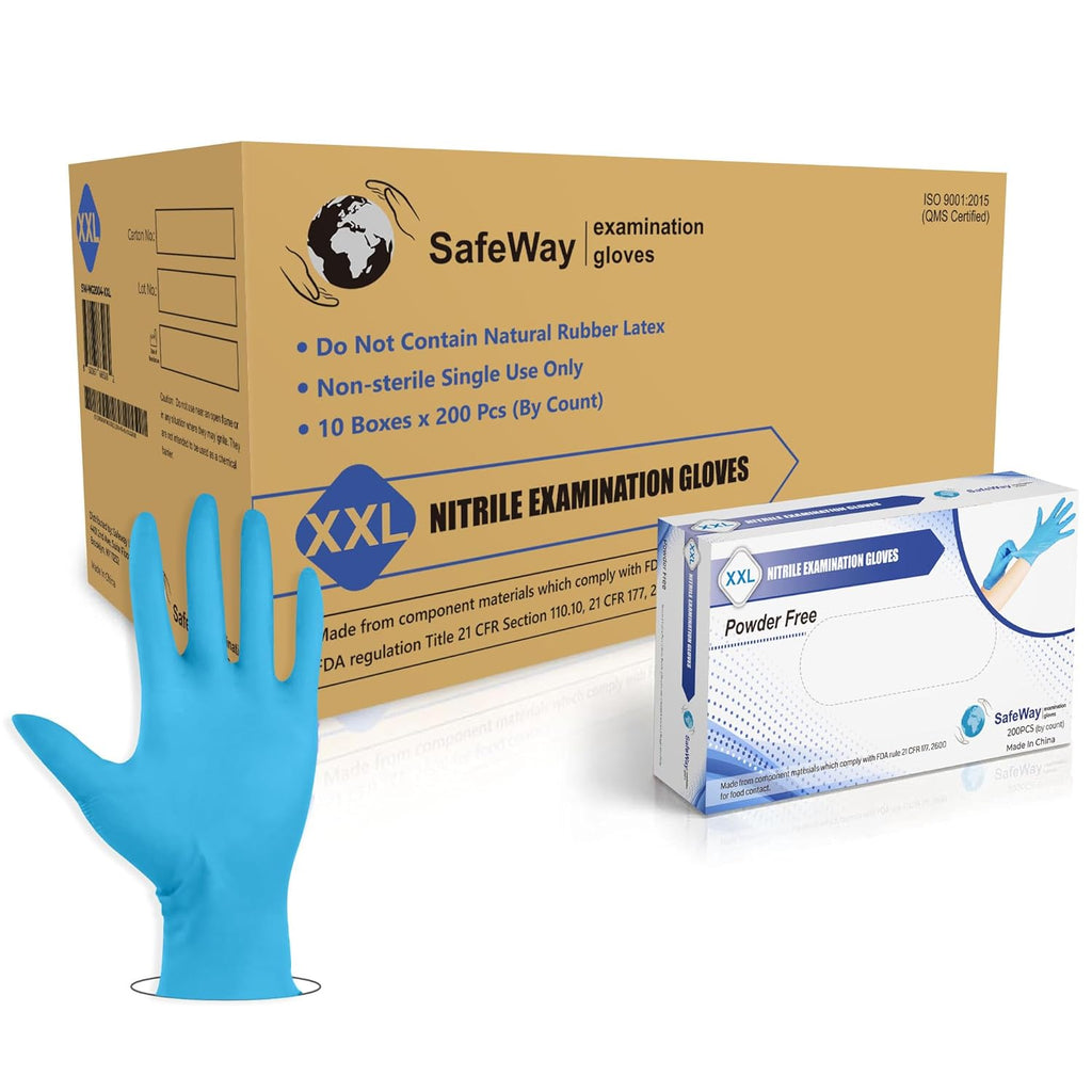 SafeWay Nitrile Gloves, 2000 Ct, 2X-Large, Powder-Free, Latex-Free, All-Purpose, Professional Disposable Gloves with Textured Fingertips for Medical Use, Food Prep, Cleaning, Tattoo & More