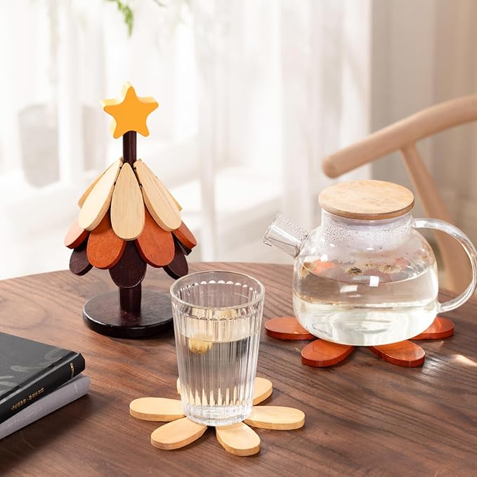 Wooden Star top 3-Piece Christmas Tree Coaster Set, can be Placed on hot Dishes, Coffee, hot Water Cups, Home Restaurant Coasters, Heat-Resistant and Heat-Resistant mats, Holiday Table Decorations