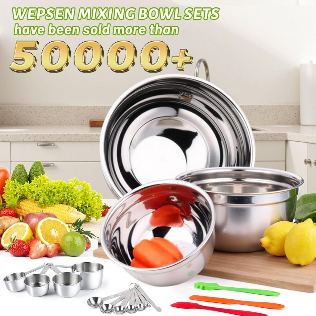 Mixing Bowls with Lid Set, 27PCS Kitchen Utensils Metal Bowl Stainless Steel Nesting Bowls, Measuring Cups and Spoons, Egg Whisk for Baking