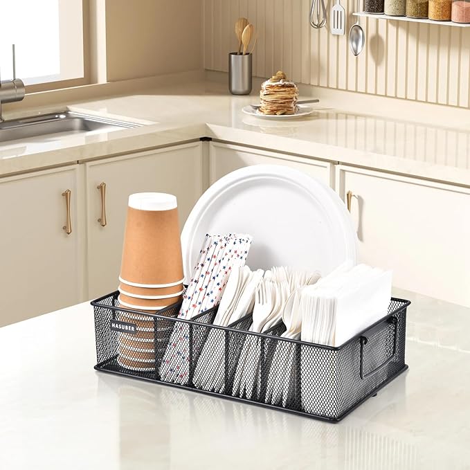 Silverware Organizer with Handle - Metal Utensil Caddy for Kitchen Counter, 7 Compartment for Plate, Cup, Napkin, Paper Plate Dispenser for Party, Picnic