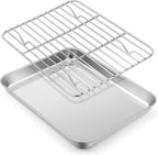 E-far Small Metal Toaster Oven Tray with Rack Set, 9.4”x7.3” Baking Sheet Broiling Pan with Stainless Steel Wire Cooling Rack, Non-Toxic Compact Bakeware for Toaster Oven - Dishwasher Safe
