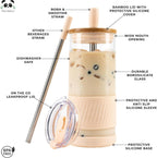 Pandaloo® Glass Cups With Lids and Straws -20 Fl Oz- Perfect Size Iced Coffee Cup - Smoothie Cup With Bamboo Lid and On the go Lid - Glass Tumbler With Straw (1 Count (Pack of 1), Vanilla Cream)