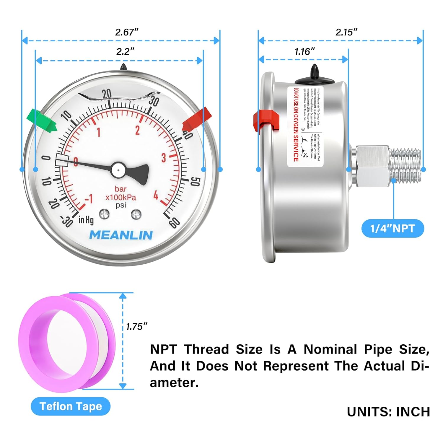 MEANLIN MEASURE -30inHG~60Psi Vacuum Pressure Gauge 316 Stainless Steel Joint 1/4" NPT 2.5" FACE DIAL, Stainless Steel Liquid Filled Pressure Gauge WOG Water Oil Air Back Mount, 2PCS Snaps