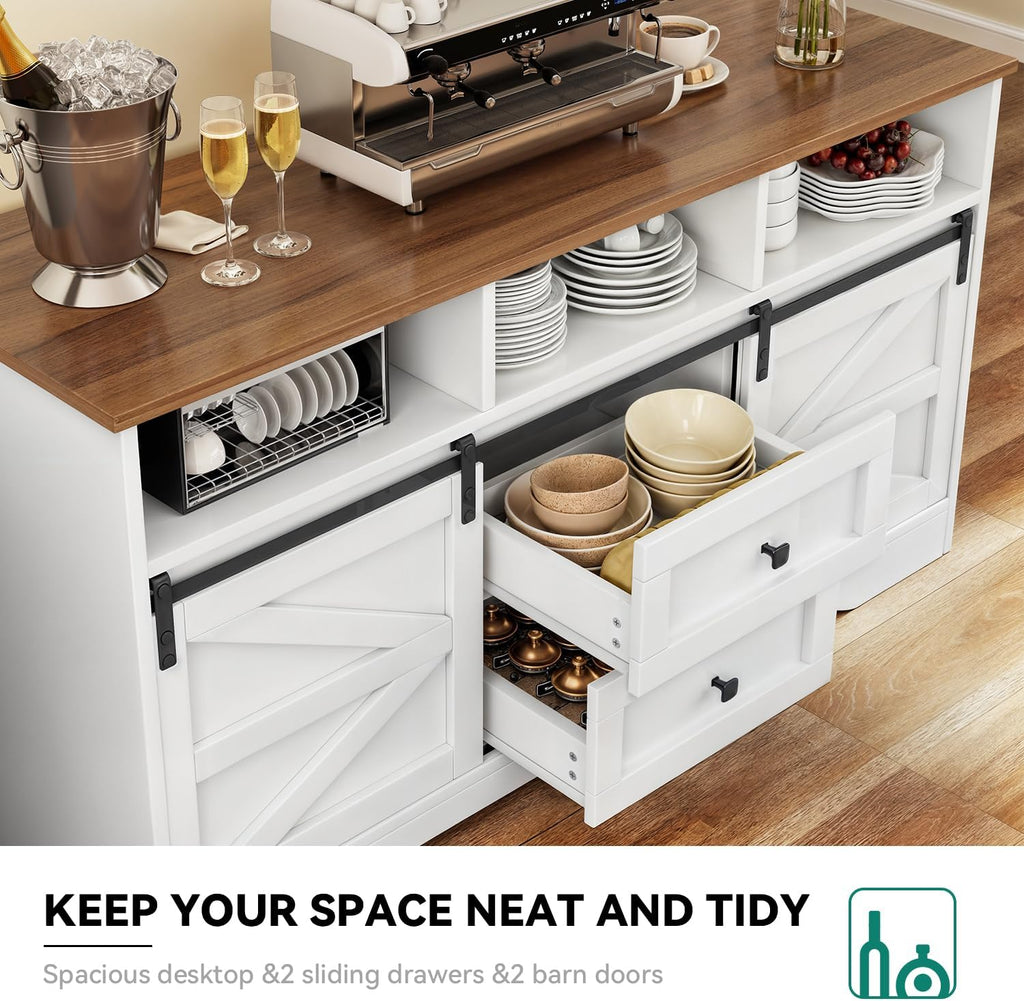 YITAHOME Buffet Cabinet with Drawers, 59" Large Sideboard Buffet Storage Cabinet with Shelves and Doors, Modern Farmhouse Coffee Bar Station Wood Kitchen Table for Kitchen, Dining Room, White