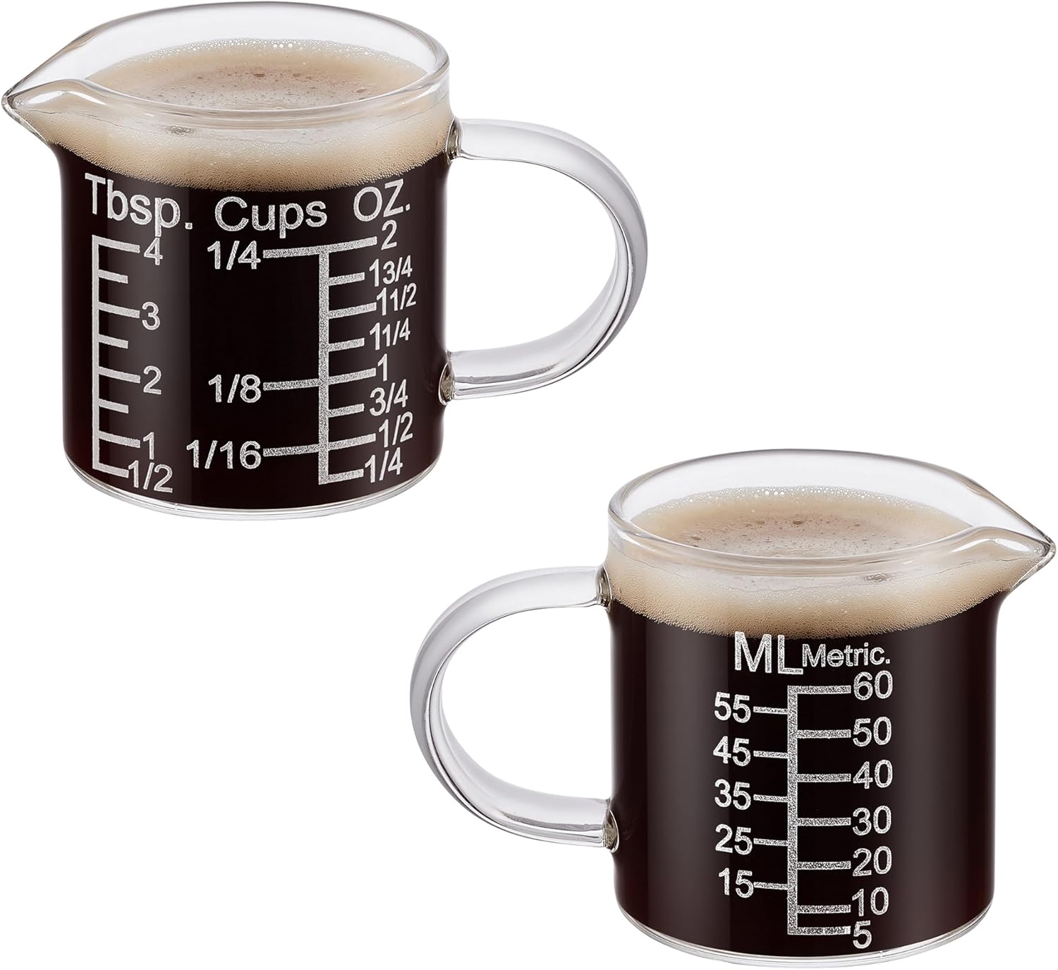 Ackers Etching Scale Measuring Glass -[Insulated handle | V-Shaped Spout]-Made of High Borosilicate Glass Measuring for Kitchen or Restaurant, Easy to Read, 60 ML (2 Oz) 丨(2 Pack)