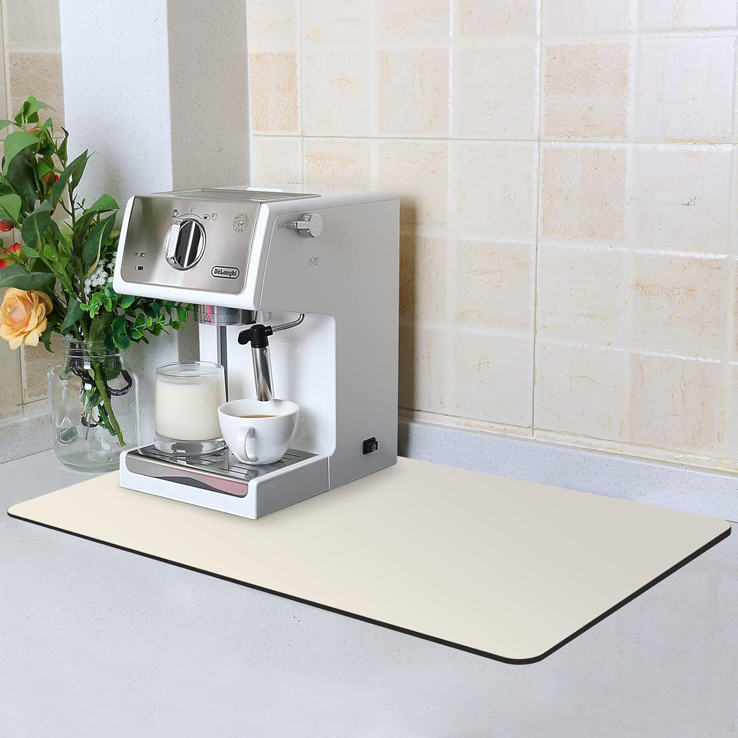 ZLR Coffee Mat - 16" x 24" Extra Large Kitchen Hide Stain Absorbent Dish Drying Mat for Countertop - Easy to Clean Coffee Bar Mat for Espresso Machine and Spill Protection - Creamy