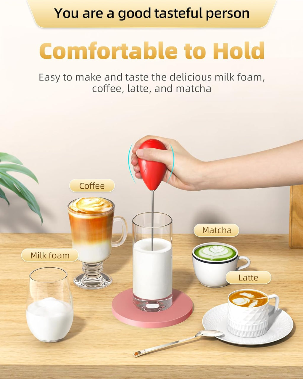 Milk Frother Handheld with Case,USB C Rechargeable Frother Wand for Coffee, Portable Electric Whisk with Stand,Waterproof Hand Drink Mixer Travel for Lattes, Cappuccino, Matcha, Egg (Red)