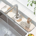 Findosom 2PCS 16" x 24" Dish Drying Mat & 24" x 5.5" Sink Splash Guard, Super Absorbent & Cuttable Dish Mat Drying Kitchen Mat with Brown Floral, Hide Stain Drying Mat for Kitchen Counter