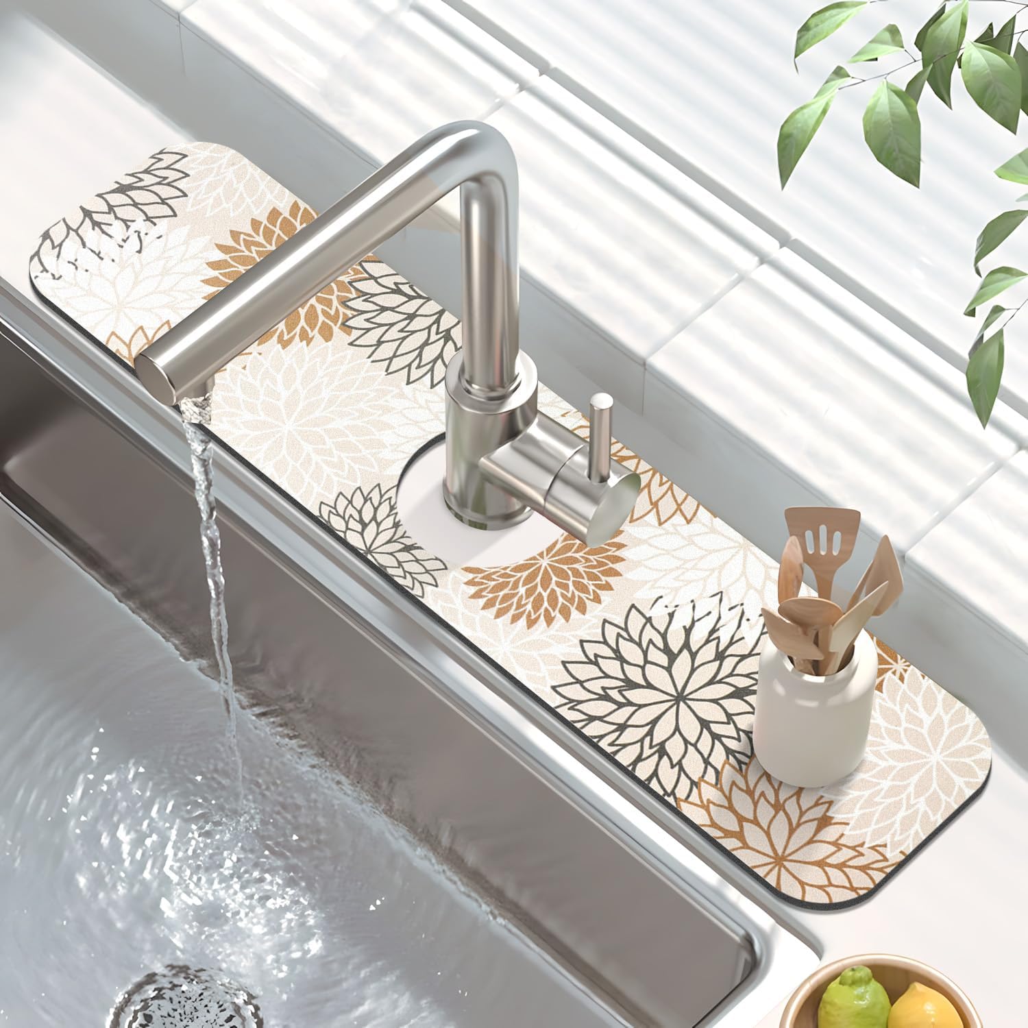 Findosom 2PCS 16" x 24" Dish Drying Mat & 24" x 5.5" Sink Splash Guard, Super Absorbent & Cuttable Dish Mat Drying Kitchen Mat with Brown Floral, Hide Stain Drying Mat for Kitchen Counter