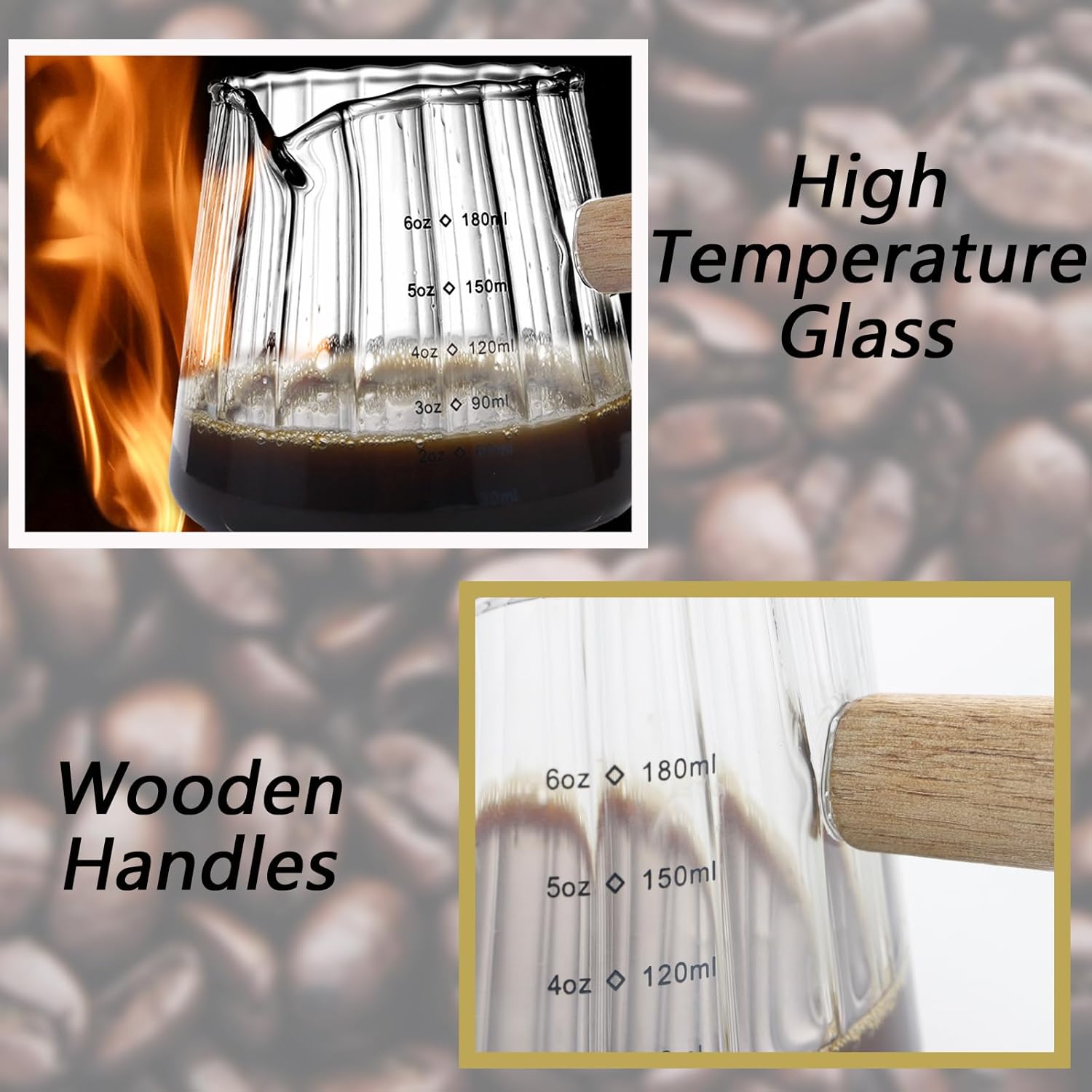 Espresso Measuring Cup 6 Oz, Espresso Glass Cups with Wood Handle, Milk Frothing Cup, Espresso Cup for Coffee, Milk, Tea or Maple Syrup Serving