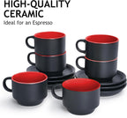 MIAMIO - 2.5 oz Espresso Cup Set with Saucers Coffee Mug Set of 6 - Ceramic Coffee Mug Stackable Espresso Mug with Stand for Coffee Drinks, Latte, Cafe Mocha - Le Papillon Collection (Red)