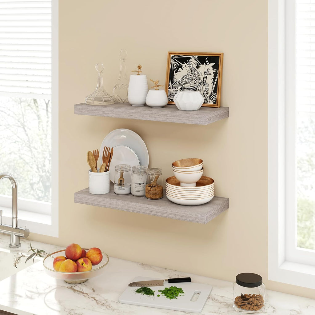 24 Inch Floating Shelves, 9.3" Deep Floating Shelf Wall Mounted, 24" Wall Shelves, Rustic Deep Bookshelf, Large Display Shelves & Storage Shelves for Bedroom, Living Room, Gray, Set of 2