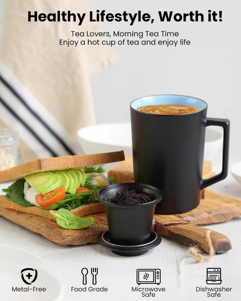 15 OZ Porcelain Tea Infuser Cup with Lid,Ceramic Tea Mug with All-Porcelain Strainers for Loose Leaf Teas,Microwave and Dishwasher Safe Coffee Mug,Metal-Free,BPA-Free,Gifts for Tea-Lover (Black)