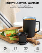 15 OZ Porcelain Tea Infuser Cup with Lid,Ceramic Tea Mug with All-Porcelain Strainers for Loose Leaf Teas,Microwave and Dishwasher Safe Coffee Mug,Metal-Free,BPA-Free,Gifts for Tea-Lover (Black)