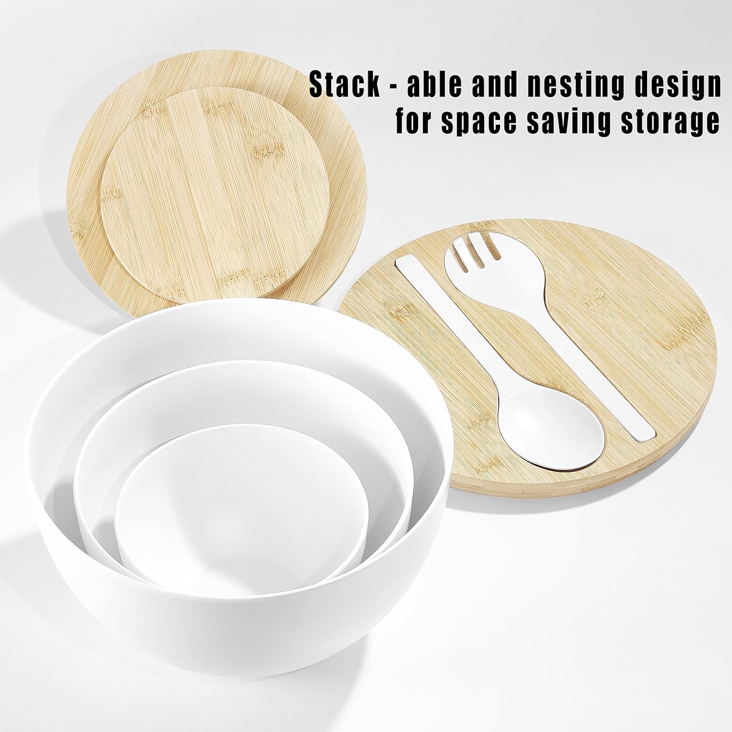 Large Salad Bowls with Bamboo Lids Set of 3, Mixing Nesting Bowls Round Serving Bowls with Servers for Salads, Kitchen Eating, Pastas, Popcorn, Chips, Trifle, Fruit, Food Prepare (White,10",8",6" )