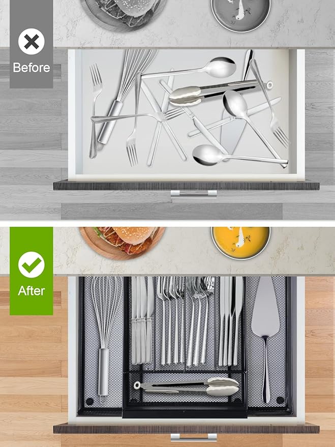 Silverware Organizer Metal Mesh, Drawer Organizer, Utensil Cutlery Tray for kitchen drawers,Expandable Flatware Organizer with 7 Compartment Black 9.4"~17.3" x 13.7"