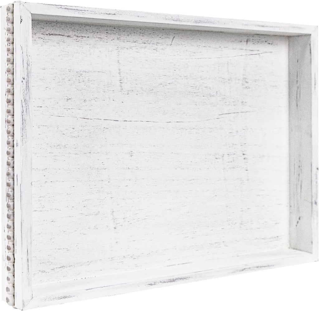 Wooden Decorative Tray, Rectangular Serving Tray with Wood Bead, Farmhouse Big Tray for Ottoman, Countertop, Coffee Tabl, 16.5" x 13"x 1.6" (Retro White)