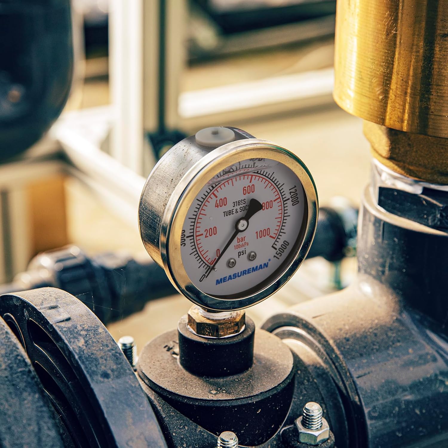 MEASUREMAN Fully Stainless Steel Hydraulic Glycerin Filled Pressure Gauge, 2-1/2" Dial Size,0-15000psi/bar,1/4" NPT Lower Mount