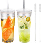 22oz Glass Tumblers with Glass Lids and Straws - Stylish Vintage Ribbed Design for Iced Coffee, Juice, Smoothies, Milkshakes, Cold Beverages & Whiskey Cocktail Beer (2pack-22OZ-Glass lid)