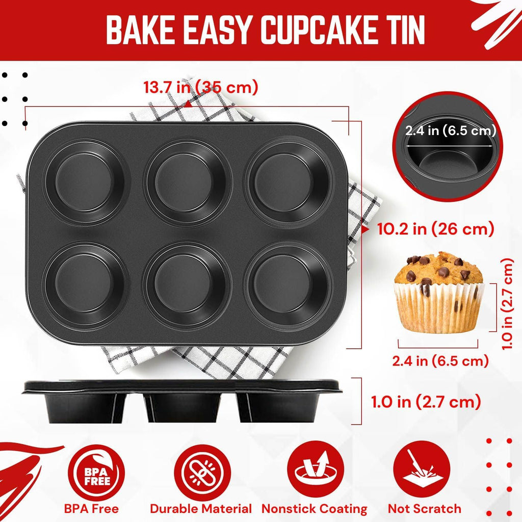Flexzion Muffin Tray Cupcake Baking Pan 2 Pack, 6-Cup Nonstick Carbon Steel Muffin Tins Non-Stick Cupcake Tin Bakeware Accessories for Baking Cupcakes Muffin Brownies Snacks, Easy Clean, Fridge Safe