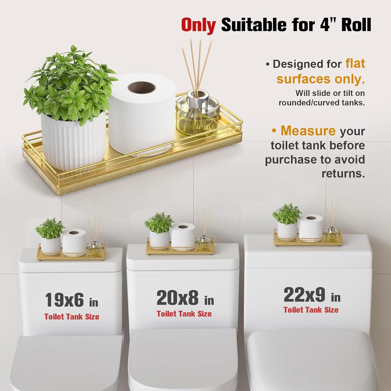 Bathroom Tray for Counter, Oak Wooden 11.2" L Decorative Vanity Tray for Dresser Tops, Kitchen Countertop Organizer, Gold Brushing