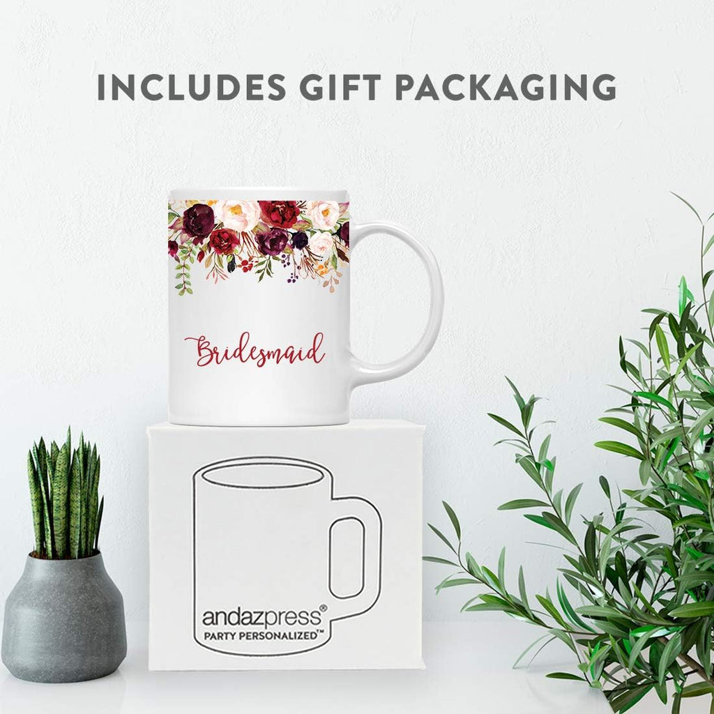 Andaz Press 11oz. Wedding Ceramic Coffee Tea Mug Gift, Fall Autumn Marsala Burgundy Flowers Roses Florals, Bridesmaid, 1-Pack, Includes Gift Box