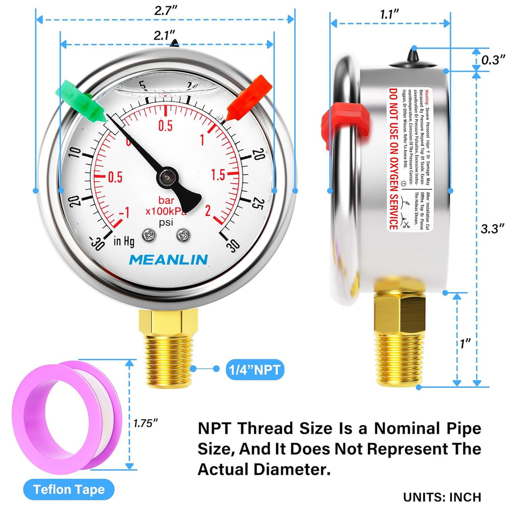 MEANLIN MEASURE -30inHG~30Psi Vacuum Pressure Gauge 1/4" NPT 2.5" FACE DIAL, Stainless Steel Liquid Filled Pressure Gauge WOG Water Oil Air Lower Mount (with 2PCS Snaps)