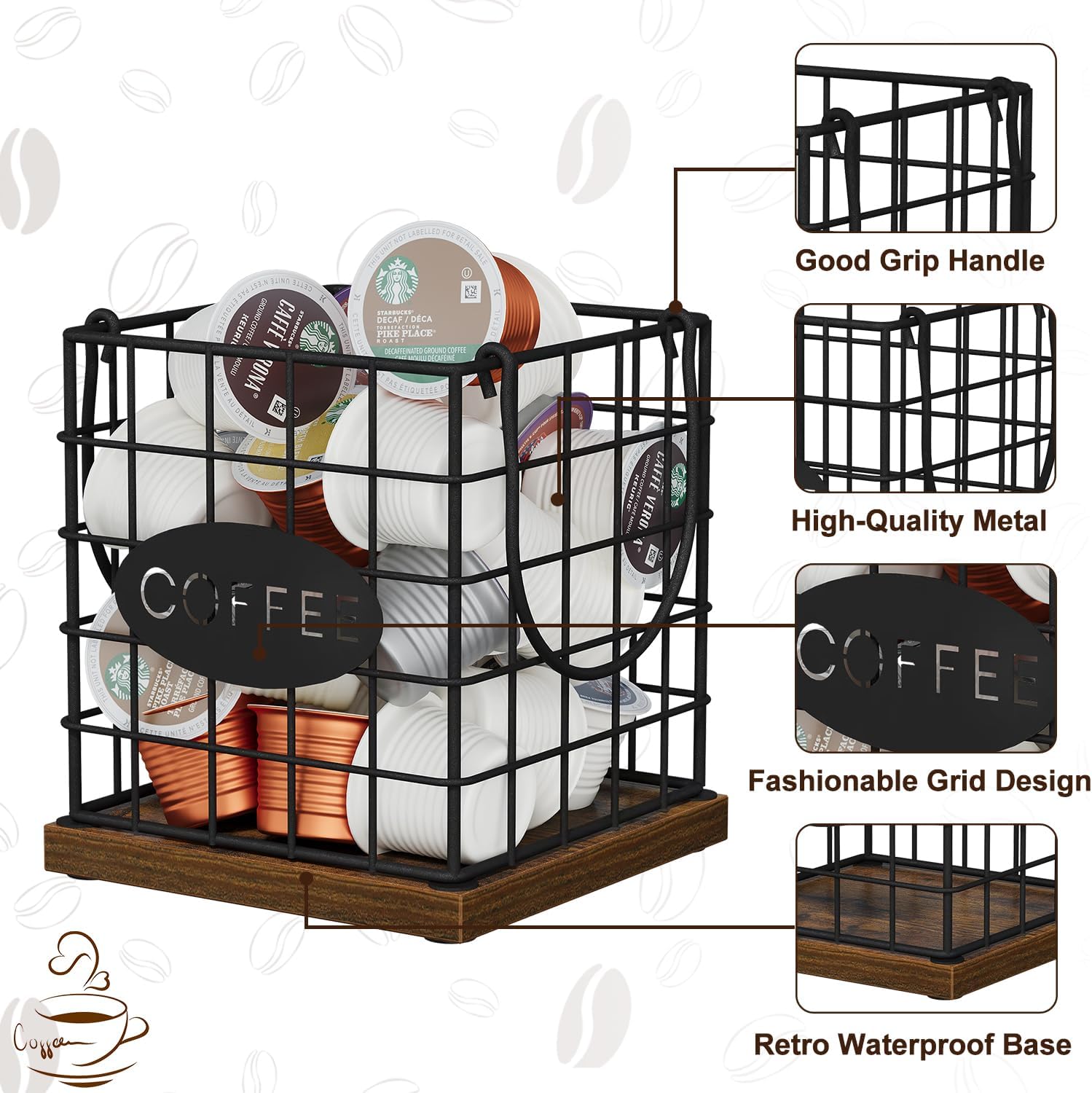 YINMIT K Cup Holder Organizer, Rustic Coffee Pod Holder Organizer, 35 Kcup Holder for Counter with Handle，Large Capacity Black Wire Coffee Capsule Basket for Kitchen Office Desktop (Square Grid)