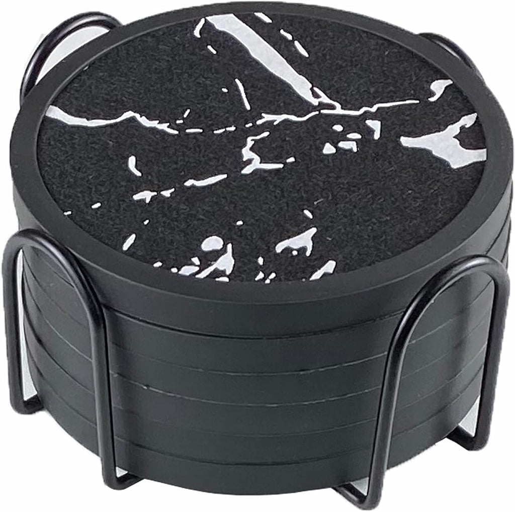 Absorbent Coasters for Drinks with Holder - 6packs, Silicone Coaster with Soft Felt Insert (4.5 inch Holder, Marble Pattern)