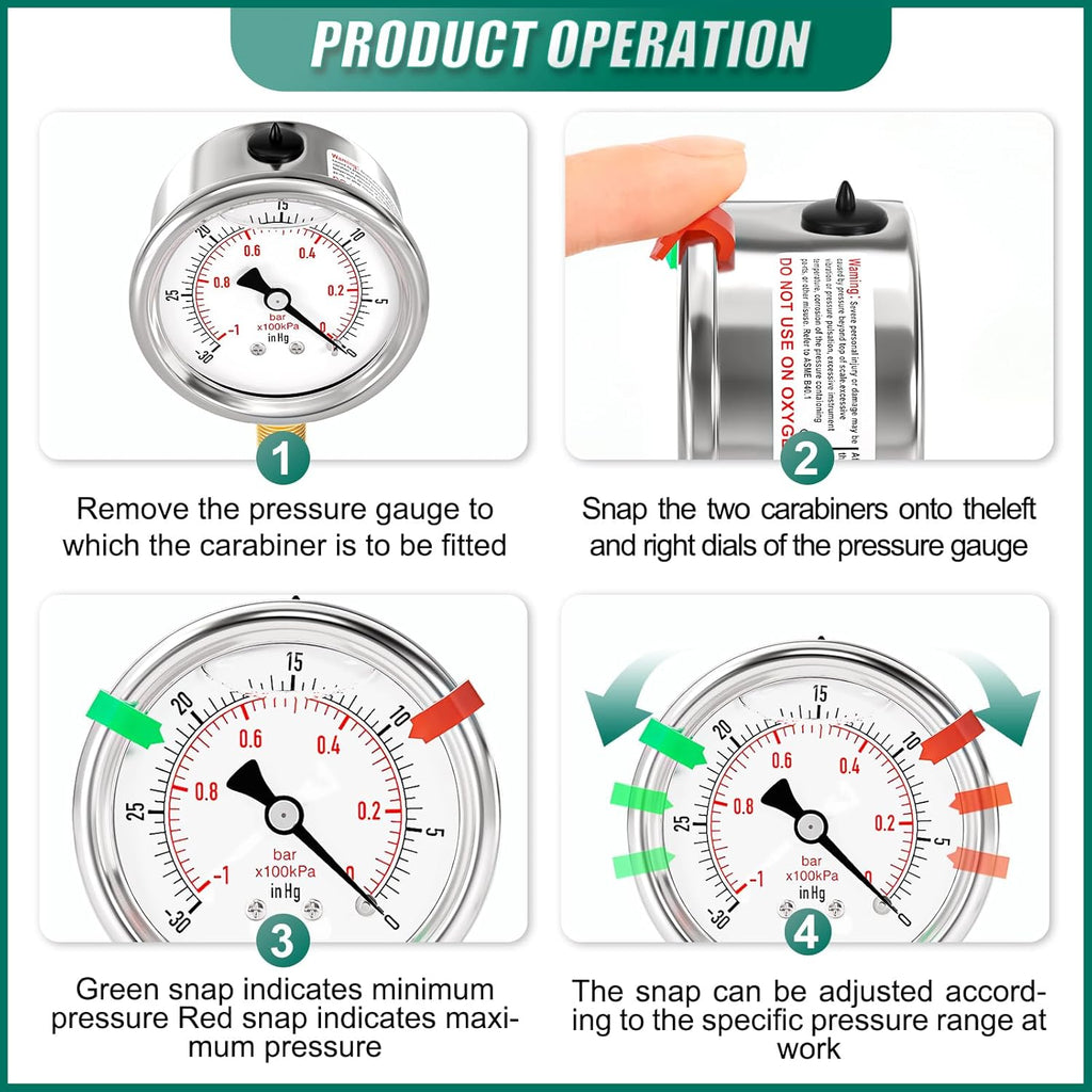 -30inHG~0Psi Stainless Steel Liquid Filled Pressure Gauge, 2.5" Dial Size, 1/8" NPT Lower Mount, for Tube, Water Pump, Gas, Liquid, Pressure Test (with Range Mark Pointer)