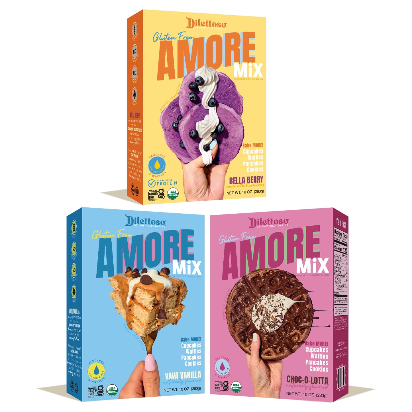 Dilettoso's Organic Gluten-Free Oat Flour Baking Mix | Variety Pack: Vanilla, Chocolate, and Wild Blueberry | Pancakes, Waffles, Cupcakes, Brownies, and Cookies | 10oz AMORE Mix (3 Boxes)