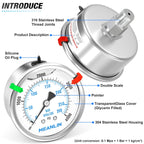 MEANLIN MEASURE 0~4000Psi Stainless Steel Liquid Filled Pressure Gauge 2.5" FACE DIAL 1/4" NPT for WOG Water Oil Air Back Mount with Stainless Steel Hex Bushing and Snaps