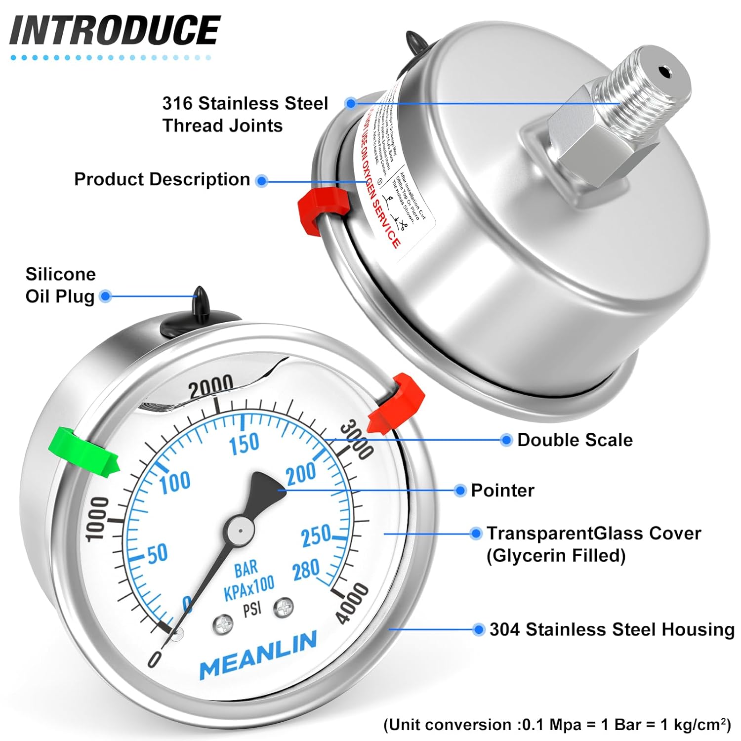 MEANLIN MEASURE 0~4000Psi Stainless Steel Liquid Filled Pressure Gauge 2.5" FACE DIAL 1/4" NPT for WOG Water Oil Air Back Mount with Stainless Steel Hex Bushing and Snaps