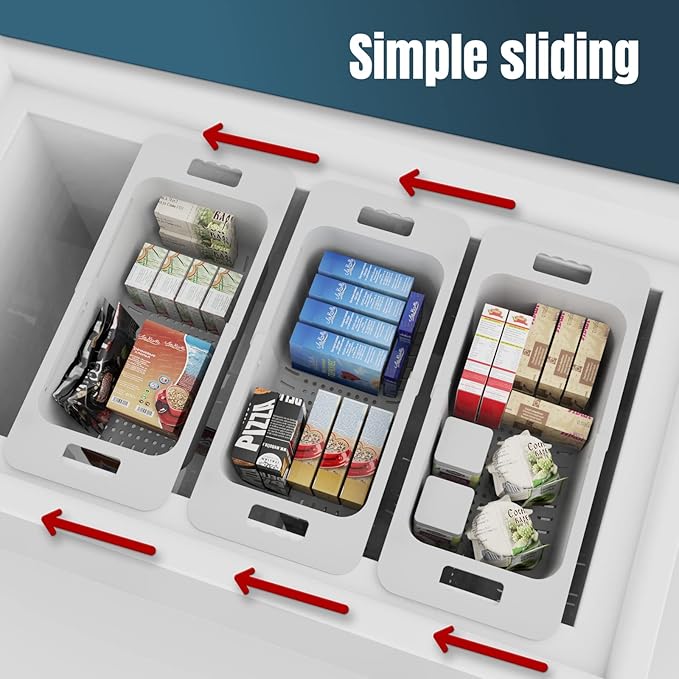 Yatmung Adjustable Freezer Baskets - Chest & Deep Freezer Organizer Bins - Expandable Storage Bins with Handle - Kitchen Organization Accessories - Gray, 2-PACK