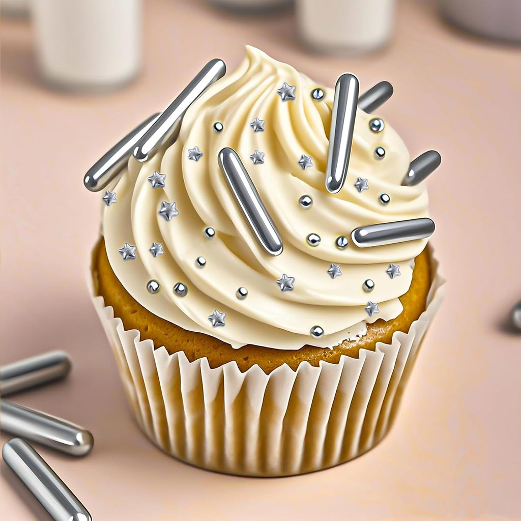 Twisweet Silver Pearl Rods Star Sprinkles, Edible Sugar Sprinkles for Cake Decorating, Mix Size Candy Pearls for Baking Cake Topper Ice Cream Cupcake Cookie Dessert Decorations, Wedding Valentines Birthday Christmas Easter Supplies (130g/4.58oz)