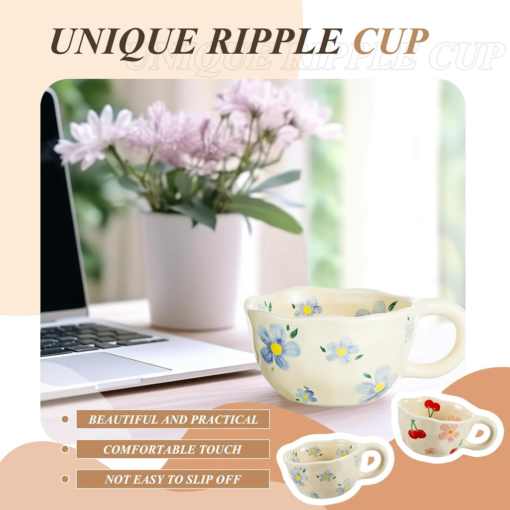 Vesici 2 Pcs Ceramic Coffee Mugs Flower Cups with Spoon Vintage Floral Mugs with Handle 8.5 oz Aesthetic Tea Porcelain Cup Gift for Valentine Office Home, Dishwasher and Microwave Safe(Lovely)