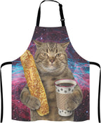 Funny Galaxy Cat Adjustable Bib Apron, The cat is holding a cup of black coffee and a baguette Cooking Kitchen Apron for Men Women