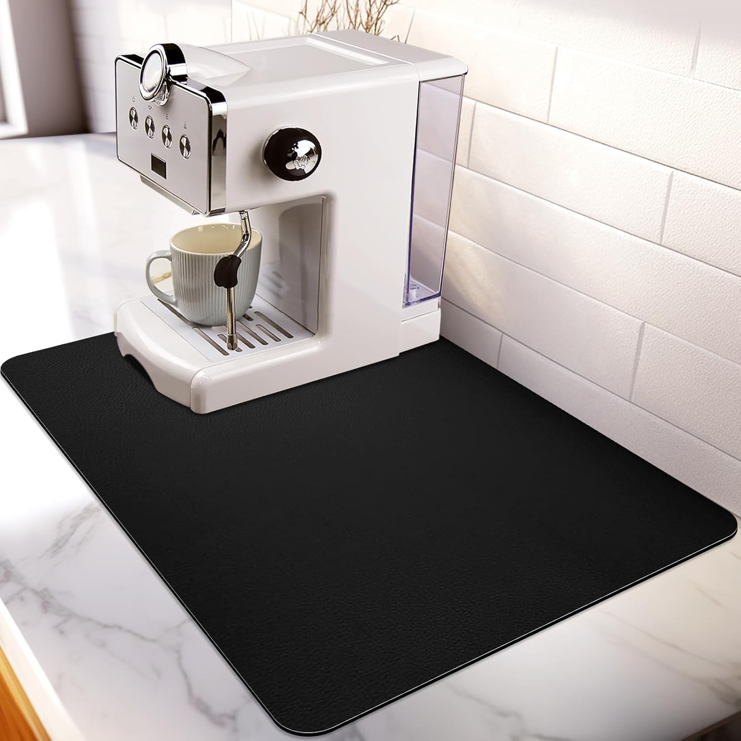 Matace Designer Coffee Bar Mat, Large 16 x 24 Inches, Rubber Backing, Absorbent Coffee Maker Mats for Dish Drying, Kitchen Countertop, Heat Resistant, Solid Black