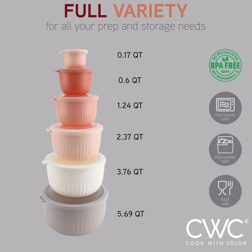 COOK WITH COLOR Prep Bowls with Lids- Wide and Deep Nesting Plastic Small Mixing Bowl Set with Lids, 12 Piece Set - Deep Bowls, Grey/Pink