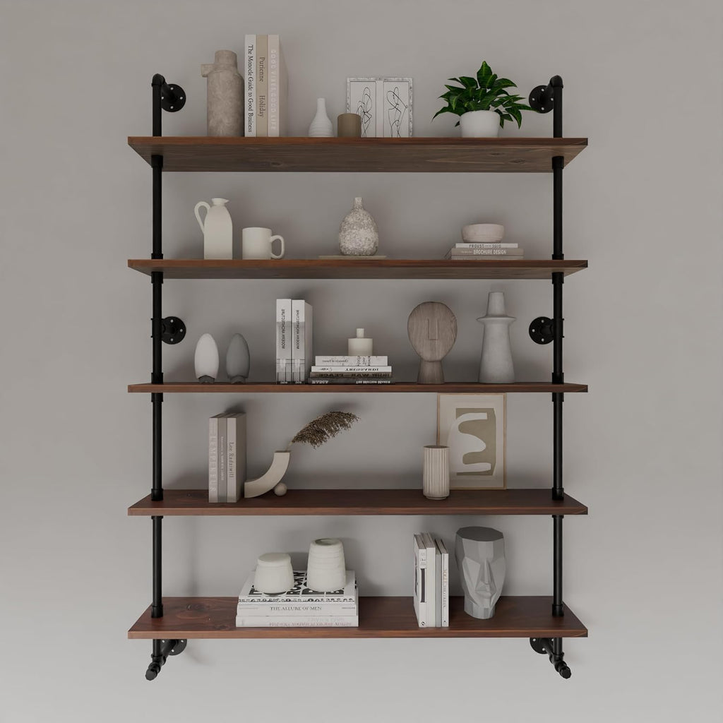 Industrial Pipe Wall Shelves Pipe Shelving with Real Wood Plank ,48 Inches Floating Shelves for Wall Farmhouse Pipe Book Shelves Dark Brown 5 Tier for Kitchen,Living Room Decor and Bar Shelving