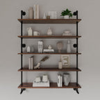 Industrial Pipe Wall Shelves Pipe Shelving with Real Wood Plank ,48 Inches Floating Shelves for Wall Farmhouse Pipe Book Shelves Dark Brown 5 Tier for Kitchen,Living Room Decor and Bar Shelving