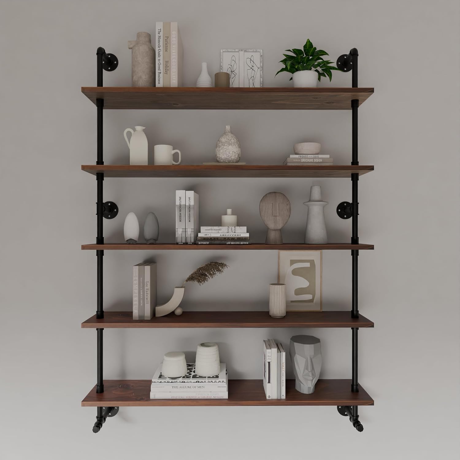 Industrial Pipe Wall Shelves Pipe Shelving with Real Wood Plank ,48 Inches Floating Shelves for Wall Farmhouse Pipe Book Shelves Dark Brown 5 Tier for Kitchen,Living Room Decor and Bar Shelving