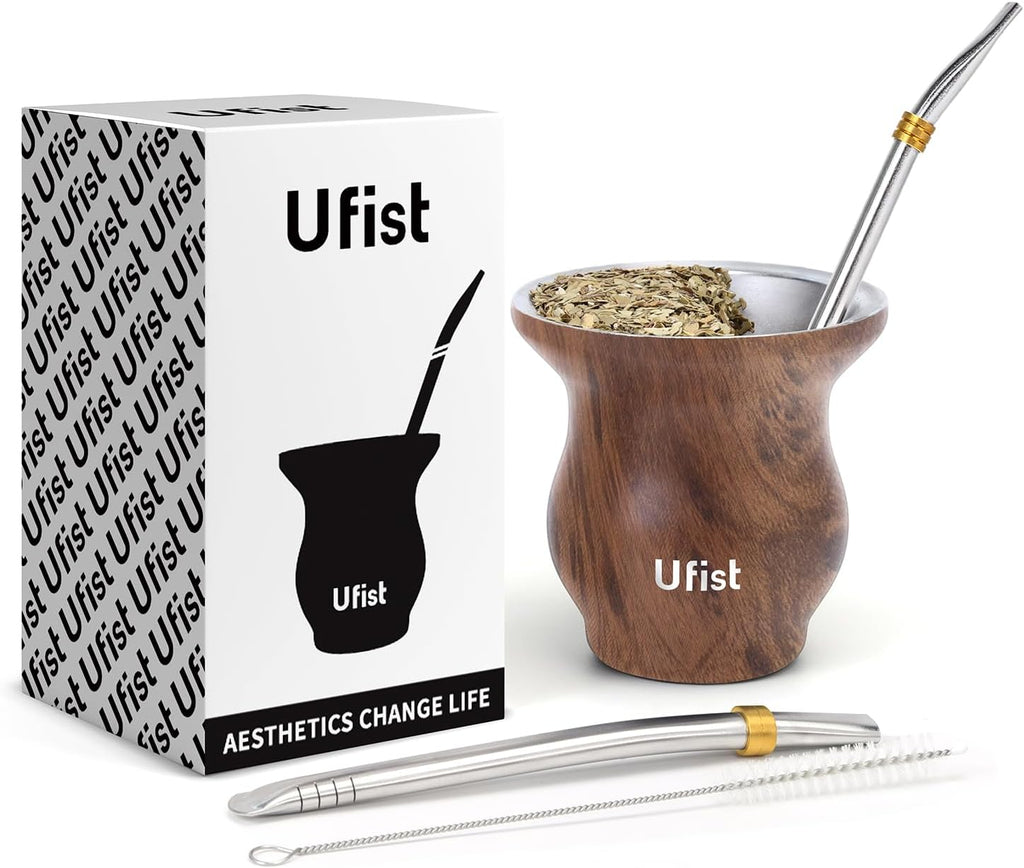 Yerba Mate Cup Set, Include Stainless Steel Double-Wall Mate Gourd with 2 Bombilla Straws and Cleaning Brush, 7.8oz Capacity (Wood Grain)