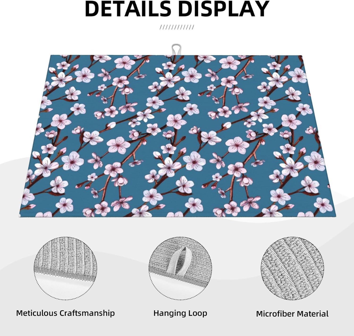 Cherry Blossom Dish Drying Mat, Branch Floral Microfiber Absorbent Drying Mats Reversible Kitchen Countertop Protector Dishes Drainer Rack Pad 18x24 Inch (Blue)