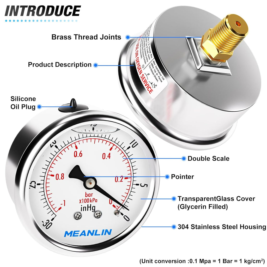 MEANLIN MEASURE -30inHG~0Psi Stainless Steel 1/4" NPT 2.5" FACE DIAL Vacuum Pressure Gauge, Center Back Mount, with 1/4" x 1/2" NPT and 1/4" x 3/8" NPT Hex Bushing
